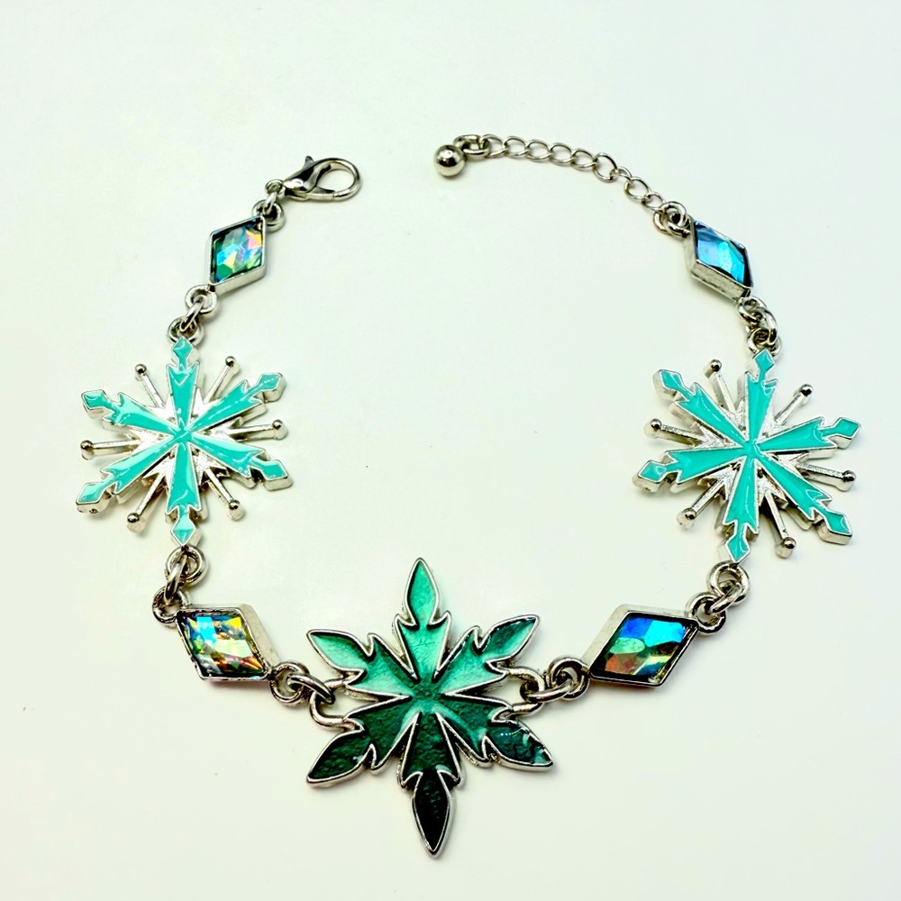 Vintage Blue Snowflake and Rhinestone Silver Tone Metal Bracelet